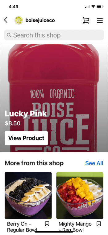 उदाहरण @boisejuiceco से इंस्टाग्राम उत्पाद खरीदारी $ 8.50 के लिए और इससे अधिक के तहत भाग्यशाली गुलाबी दिखा दुकान में एक बोरी ऑन-रेगुलर बाउल दिखाई देता है, और शक्तिशाली आम-रेगुलर बाउल के साथ-साथ शॉप को खोजने का विकल्प भी दिखाई देता है