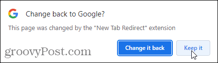 नए टैब रीडायरेक्ट एक्सटेंशन का उपयोग करने के लिए इसे वापस Google पॉपअप में बदलें पर क्लिक करें
