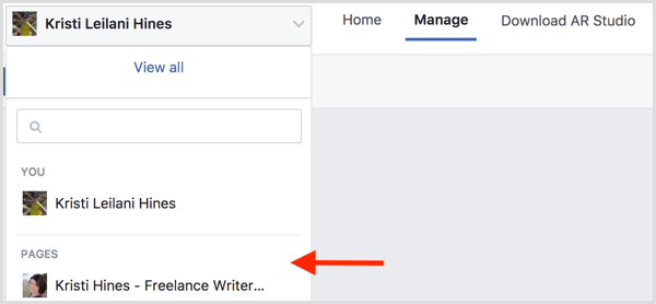 अपने ईवेंट के लिए एक फेसबुक फ्रेम बनाने के लिए, मैनेज इफेक्ट्स पर जाएं और अपना फेसबुक पेज चुनें।