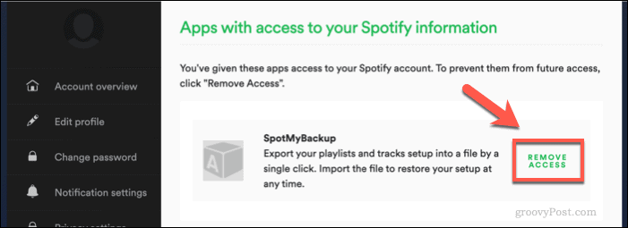 Spotify के लिए SpotMyBackup एक्सेस को रद्द करना