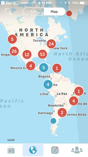 पेरिस्कोप का नक्शा दर्शकों के लिए दुनिया भर की लाइव स्ट्रीम खोजना आसान बनाता है।