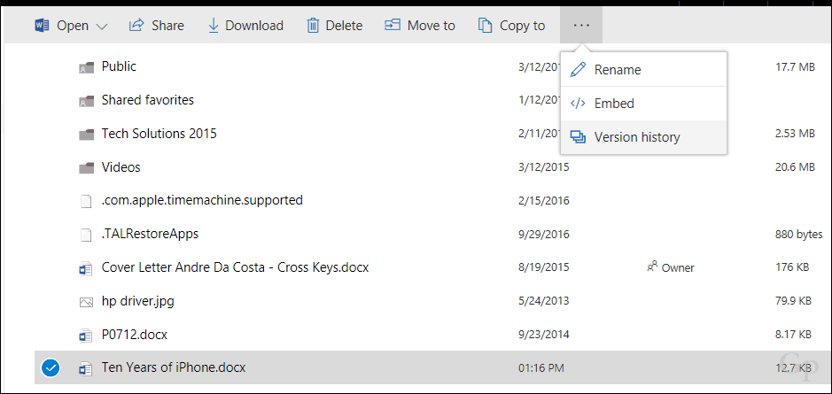 OneDrive में फ़ाइलों के पिछले संस्करणों को पुनर्स्थापित करें