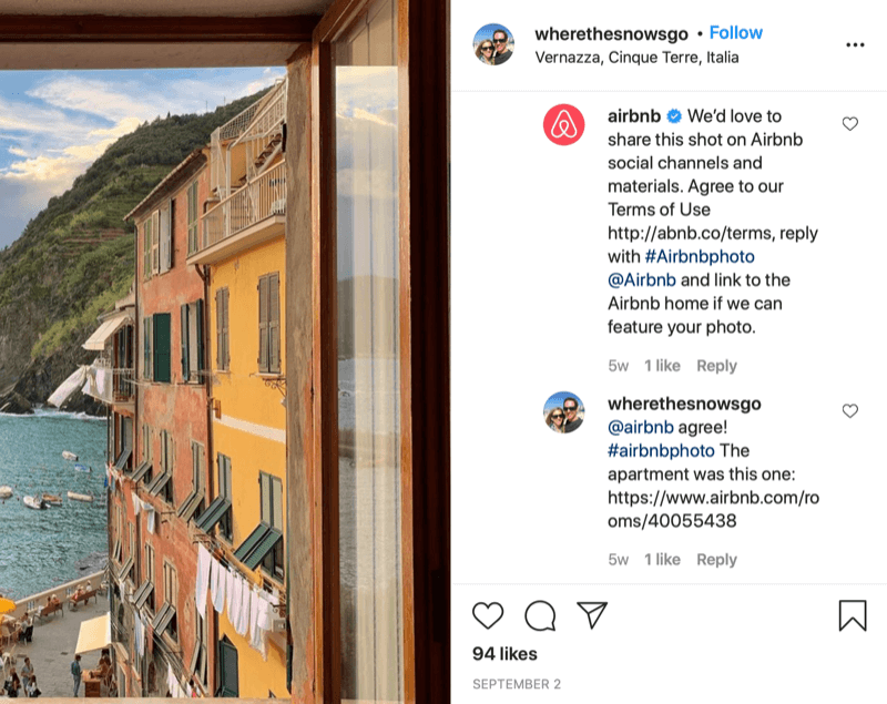 इंस्टाग्राम पर @wherethesnowsgo और @airbnb के बीच airbnb के साथ साझा करने के लिए रिपोस्ट अनुमति लिखित उदाहरण है फोटो और जानकारी कैसे अनुमोदन प्रदान करने के बारे में, और @ resheresnowsgo द्वारा जवाब के reshare अधिकृत है चित्र