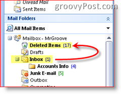 Outlook 2007 स्क्रीनशॉट यह समझाते हुए कि हटाए गए आइटम हटाए गए आइटम फ़ोल्डर में ले जाए गए हैं