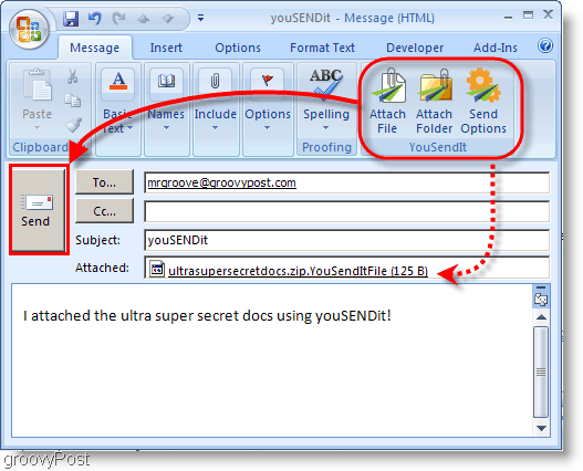 Outlook 2007 रिबन पर YouSendIt बटन