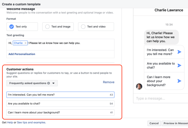 फेसबुक मैसेंजर विज्ञापनों, चरण 4, ग्राहक कार्यों की प्रतिलिपि उदाहरण के साथ वेबसाइट आगंतुकों को कैसे परिवर्तित करें
