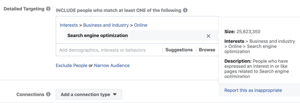 खोज इंजन अनुकूलन के लिए मानक फेसबुक लक्ष्यीकरण का उदाहरण 25 लाख से अधिक दर्शकों के लिए है।