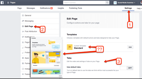 व्यवसाय प्रबंधक का उपयोग करके अपने फेसबुक पेज के लेआउट को बदलने का तरीका बताया गया है।