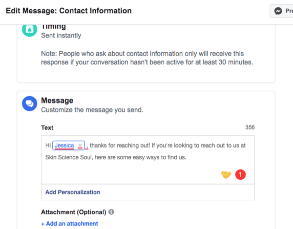 फेसबुक मैसेंजर के लिए सेटअप इंटरफ़ेस का स्क्रीनशॉट संपर्क जानकारी स्वचालित प्रतिक्रिया