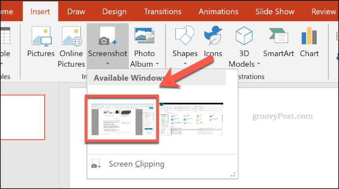 PowerPoint में स्क्रीनशॉट विंडो चुनना