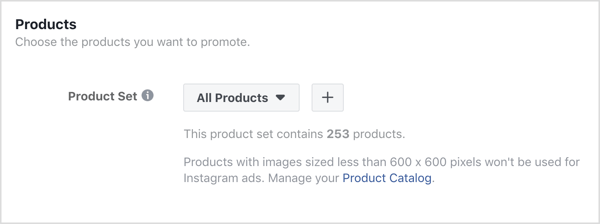 अपने फेसबुक अभियान के विज्ञापन स्तर पर उत्पाद अनुभाग में + चिह्न पर क्लिक करें।