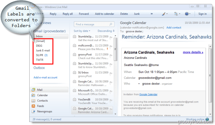 विंडोज़ लाइव मेल के लिए ईमेल क्लाइंट, जीमेल लेबल विंडोज़ लाइव मेल में फ़ोल्डर्स में परिवर्तित हो जाते हैं