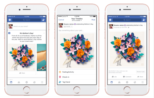 फेसबुक ने फेसबुक कैमरा में वैयक्तिकृत कार्ड, थीम वाले मास्क और फ्रेम रोल किए और मदर्स डे के सम्मान में एक अस्थायी "थैंक्सफुल" प्रतिक्रिया दी।