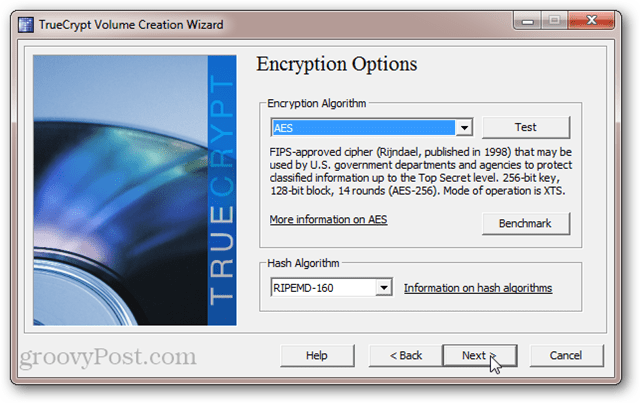 TrueCrypt एन्क्रिप्शन विकल्प: एईएस, सर्पफिश, ट्वोफिश, कैस्केड्स