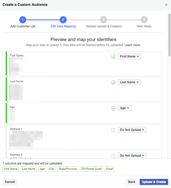 सुनिश्चित करें कि फेसबुक आपके CSV फ़ाइल में जिन क्षेत्रों का पता लगाता है, वे उन श्रेणियों में सही ढंग से मैप किए गए हैं, जिन्हें फेसबुक समझता है।