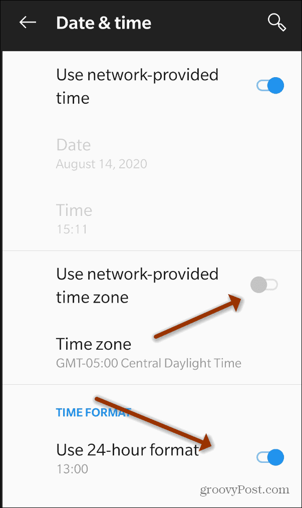 24 घंटे का समय क्षेत्र Android