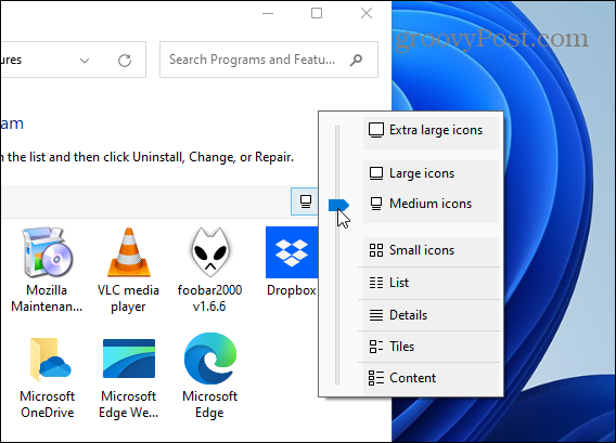 ऐप आइकन आकार नियंत्रण कक्ष बदलें Windows 11