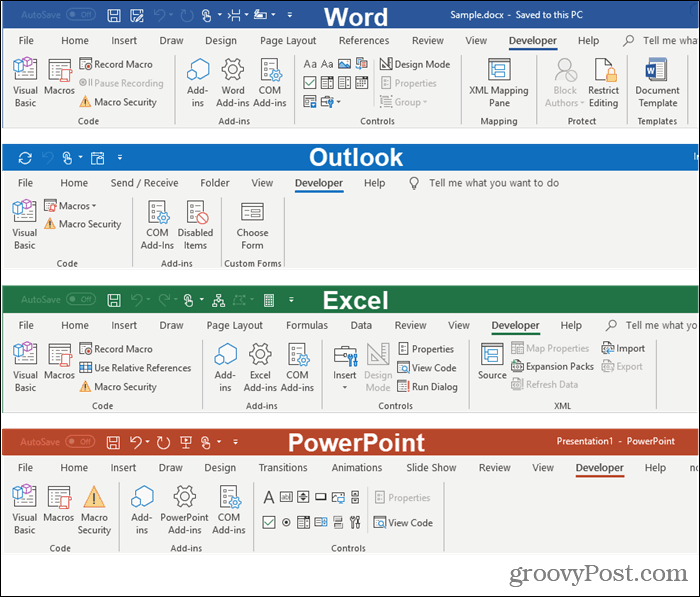 Microsoft Office कार्यक्रमों में डेवलपर टैब