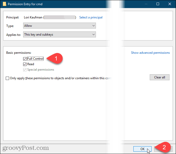 पूर्ण नियंत्रण की जाँच करें और Windows रजिस्ट्री में अनुमति प्रविष्टि संवाद बॉक्स पर ठीक क्लिक करें