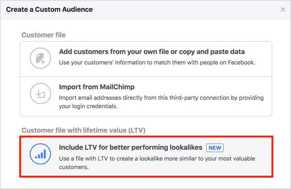 जब आप अपनी ग्राहक सूची से कस्टम ऑडियंस बनाते हैं तो बेहतर प्रदर्शन के लिए LTV शामिल करें का चयन करें। 