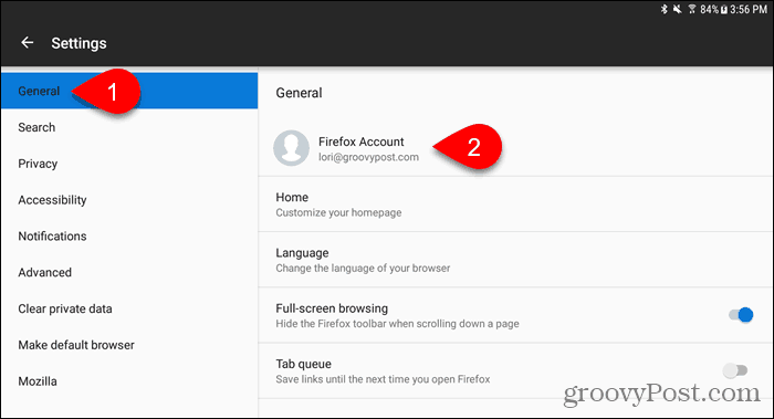 Android के लिए फ़ायरफ़ॉक्स में फ़ायरफ़ॉक्स अकाउंट टैप करें