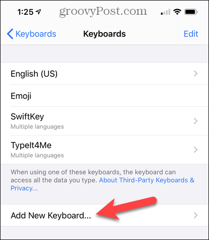 IPhone सेटिंग्स में नया कीबोर्ड जोड़ें टैप करें