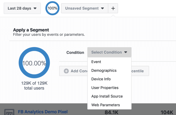 आपके Facebook Analytics इवेंट स्रोत समूहों में आपके सेगमेंट के लिए शर्त विकल्प।