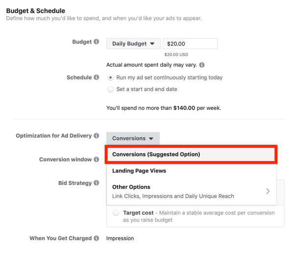 अपने फेसबुक विज्ञापन लागत को कम करने के लिए टिप्स, रूपांतरण के लिए विज्ञापन वितरण को अनुकूलित करने का विकल्प