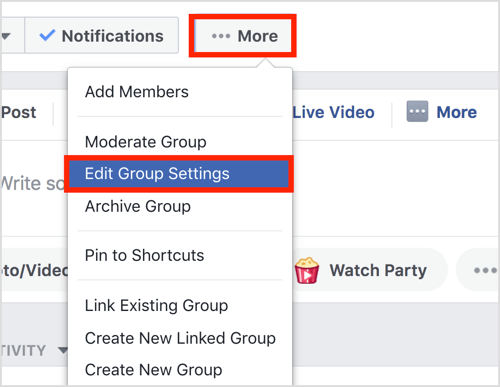 अपने फेसबुक समूह के शीर्ष बार में और बटन पर क्लिक करें और समूह सेटिंग संपादित करें चुनें।