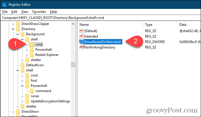 Windows रजिस्ट्री संपादक में पृष्ठभूमि cmd HideBasedOnVelocityId मान का नाम बदलें