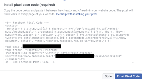 सुनिश्चित करें कि आपके पास अपनी साइट पर फेसबुक पिक्सेल आधार कोड स्थापित है।