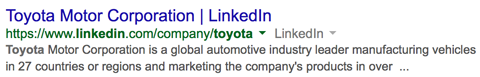 Toyota लिंक्डइन कंपनी पेज गूगल सर्च रिजल्ट्स में