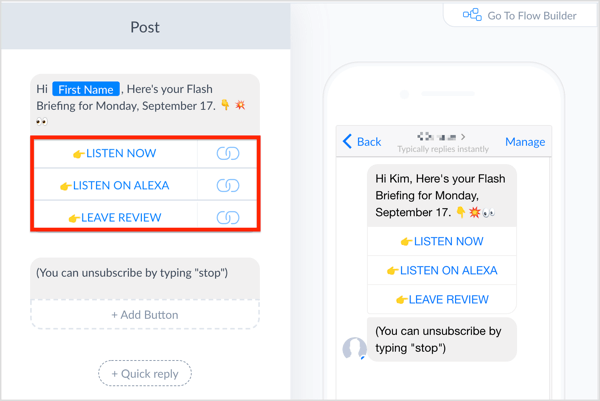 ManyChat में एक संदेश लिखें और बटन जोड़ें।