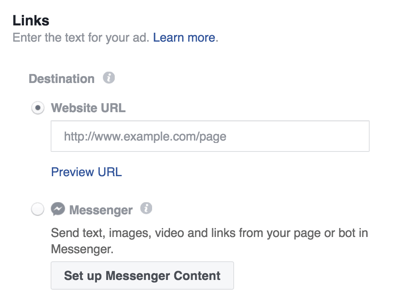अपने फेसबुक मैसेंजर विज्ञापन के लिए एक गंतव्य चुनें।