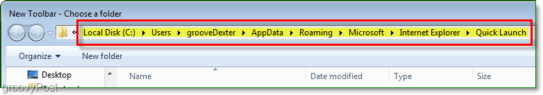 एप्लिकेशन डेटा त्वरित लॉन्चर फ़ोल्डर - सुनिश्चित करें कि आप सही फ़ोल्डर में हैं! इसके बाद Select Folder दबाएं