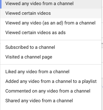 YouTube विज्ञापन अभियान कैसे स्थापित करें, चरण 27, विशिष्ट रीमार्केटिंग उपयोगकर्ता क्रिया सेट करें