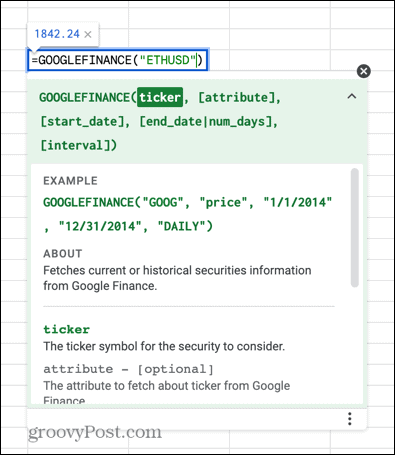 googlefinance सूत्र