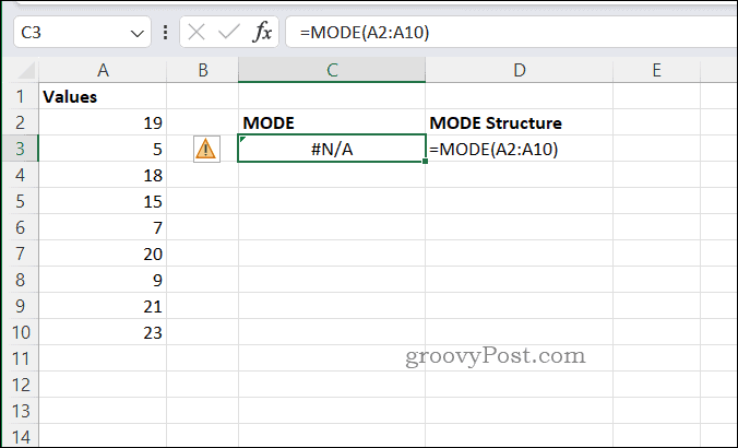 Excel में MODE के लिए उदाहरण NA त्रुटि