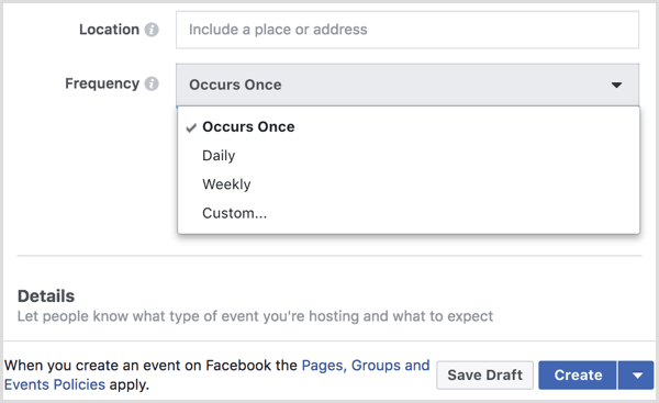 फ़ेसबुक पेज के साथ आवर्ती घटना बनाने के लिए फ़्रीक्वेंसी मेनू से अंतराल का चयन करें