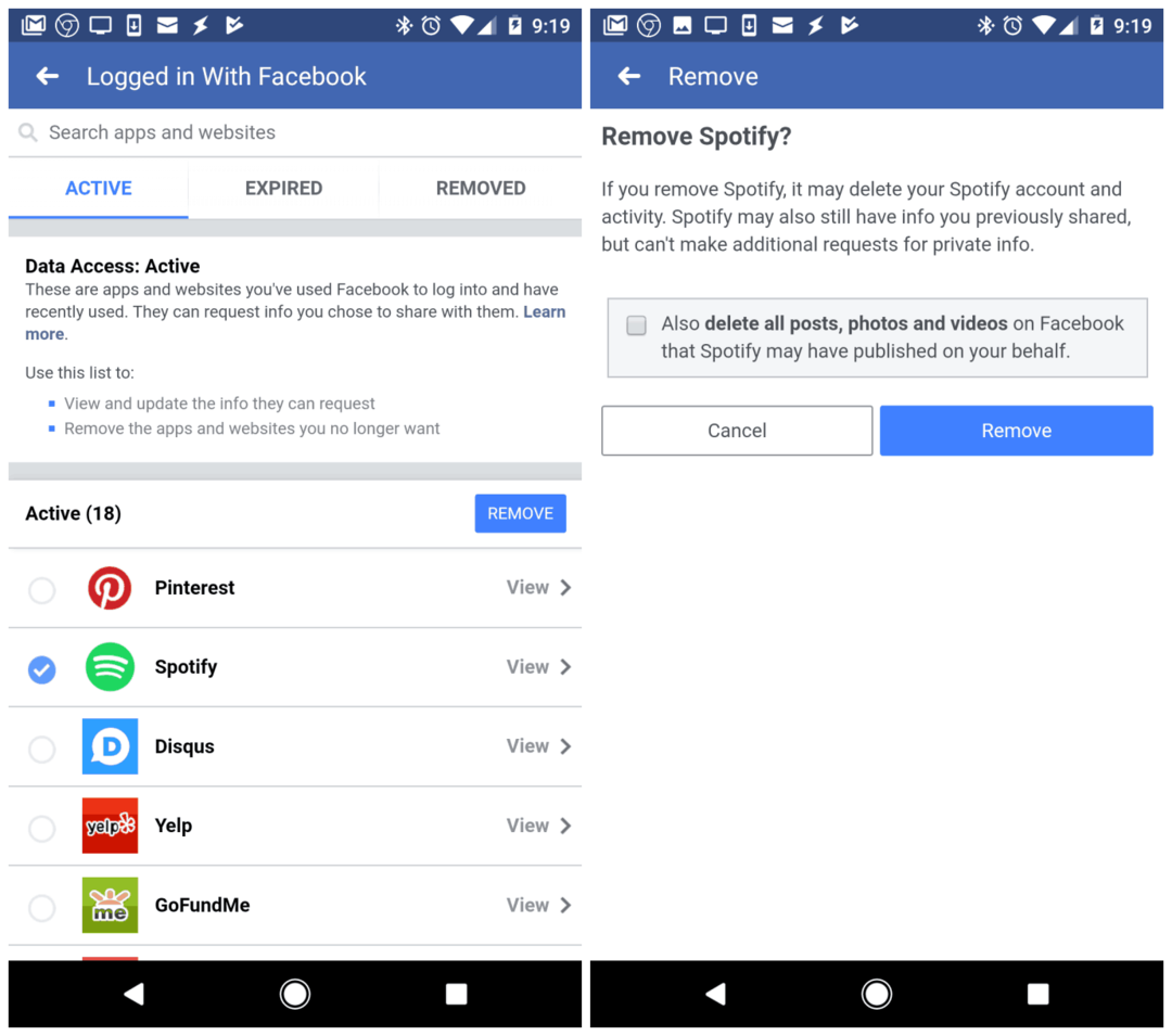 फेसबुक मोबाइल ऐप में अनलिंकिंग स्पॉटिफ़