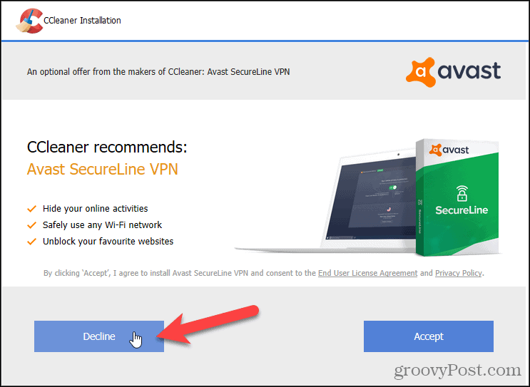 CCleaner में Avast VPN को अस्वीकार करें
