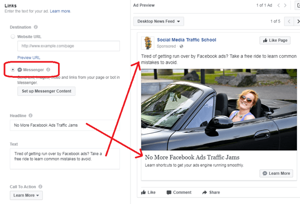 अपने फेसबुक मैसेंजर विज्ञापन के लिए गंतव्य चुनने के बाद, अन्य विज्ञापन विवरण भरें।
