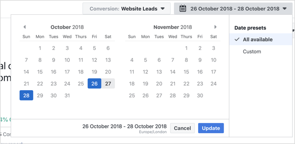 वह तिथि सीमा चुनें, जिसे आप फेसबुक एट्रिब्यूशन टूल के साथ देखना चाहते हैं।