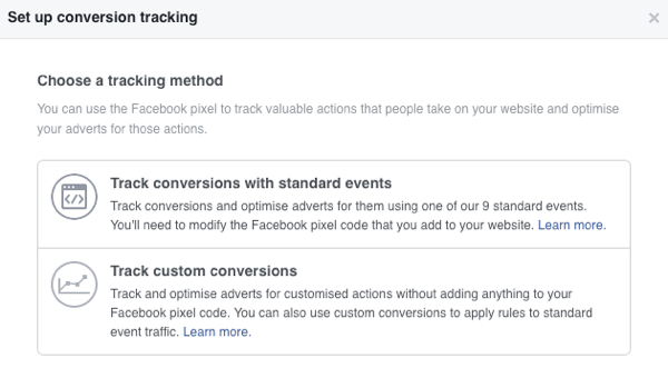 आप फेसबुक विज्ञापनों के लिए दो रूपांतरण ट्रैकिंग विधियों में से चुन सकते हैं।