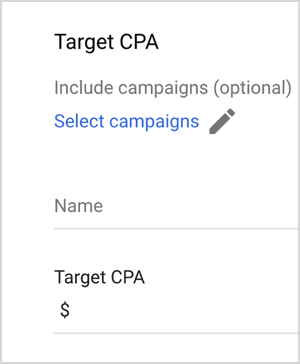 यह Google विज्ञापन लक्ष्य CPA विकल्पों का स्क्रीनशॉट है। ये विकल्प अभियान (वैकल्पिक), अभियान चुनें, नाम, लक्ष्य CPA (मान दर्ज करने के लिए पाठ बॉक्स के साथ) शामिल हैं। माइक रोड्स का कहना है कि Google विज्ञापन लक्ष्यीकरण जैसे स्मार्ट बोली-प्रक्रिया विकल्प बोली का प्रबंधन करने के लिए कलात्मक बुद्धिमत्ता का उपयोग करते हैं।