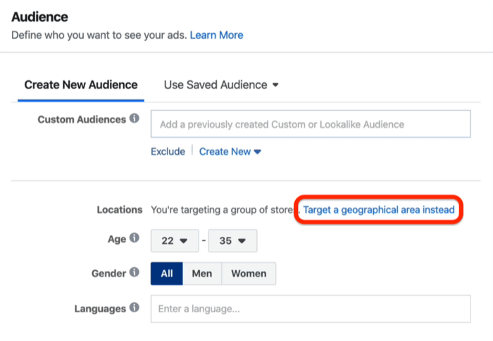 फेसबुक विज्ञापन प्रबंधक में इसके बजाय एक भौगोलिक क्षेत्र को लक्षित करें