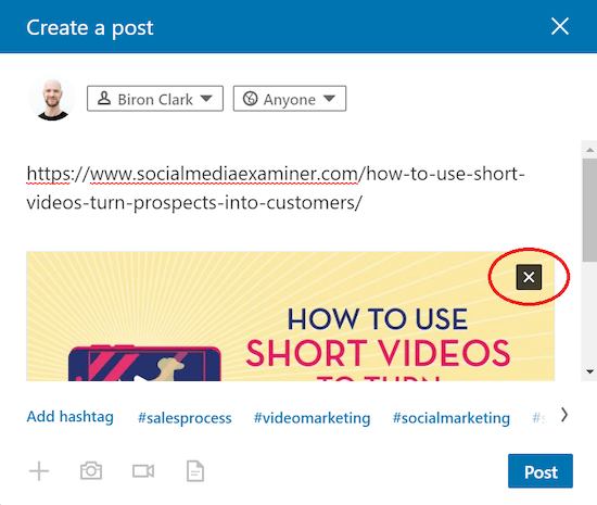 लिंक्डइन पोस्ट में छवि को हटाने के लिए लाल एक्स बटन
