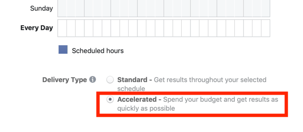 अपने फेसबुक विज्ञापन लागत को कम करने के लिए टिप्स, अपने अभियान के लिए त्वरित वितरण का चयन करने का विकल्प