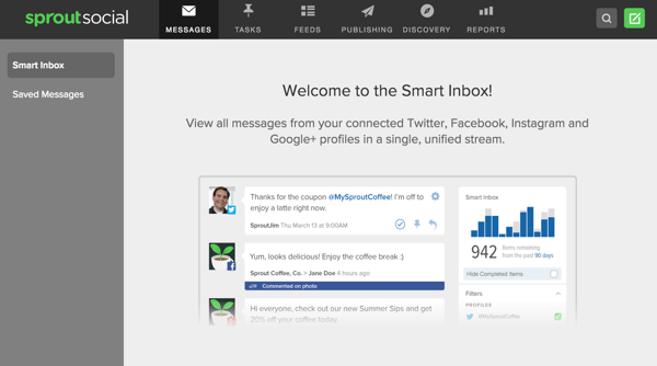स्प्राउट सोशल एक स्मार्ट इनबॉक्स प्रदान करता है जो आपको एक ही स्थान पर कई सामाजिक प्रोफाइल के संदेश देखने देता है।