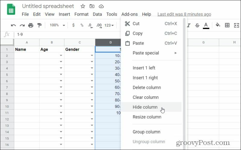 गूगल शीट में एक कॉलम छिपाने का स्क्रीनशॉट